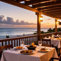 Caribbean Holidays, Puerto Rico Cooking, Relaxed August evening dining on a Puerto Rican terrace, with local dishes, lanterns and a warm Caribbean sunset