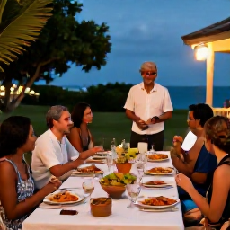 Caribbean Holidays, Puerto Rico Cooking, Relaxed Caribbean evening in Puerto Rico with travellers enjoying a cooking experience and dinner outdoors