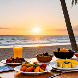 Caribbean Holidays, Puerto Rico Cooking, Relaxed outdoor dining beside a beach in Puerto Rico with colourful local dishes and sunset light