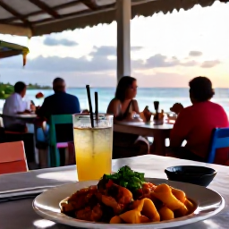 Caribbean Holidays, Puerto Rico Cooking, Relaxed Puerto Rican seaside restaurant at sunset with local dishes, tropical drinks and diners enjoying the coast