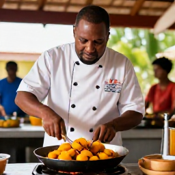 Caribbean Holidays, Puerto Rico Cooking, Traditional Puerto Rican chef demonstrating how to prepare mofongo in a welcoming open-air kitchen