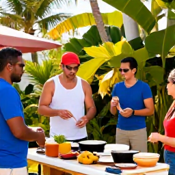Caribbean Holidays, Puerto Rico Cooking, Travellers enjoying a relaxed outdoor Puerto Rican cooking lesson beside a tropical garden in warm February sunshine