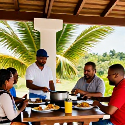 Caribbean Holidays, Puerto Rico Cooking, Travellers enjoying a relaxed Puerto Rican cooking experience on a shaded terrace, with a prepared meal and tropical greenery nearby