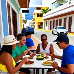 Caribbean Holidays, Puerto Rico Cooking, Travellers enjoying a relaxed Puerto Rican food tour through a historic town, with colourful buildings and local dishes at small tables