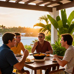 Caribbean Holidays, Puerto Rico Cooking, Travellers sharing a freshly cooked Puerto Rican meal on a shaded terrace, with tropical greenery, relaxed conversation and sunset light