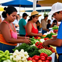 Caribbean Holidays, Puerto Rico Cooking, Visitors choosing vegetables, herbs and spices at a bustling food market in San Juan, Puerto Rico