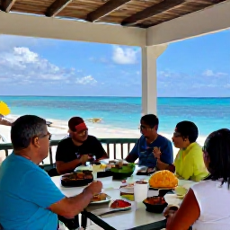 Caribbean Holidays, Puerto Rico Cooking, Visitors enjoying a Puerto Rican cooking holiday meal on a shaded terrace overlooking the Caribbean Sea