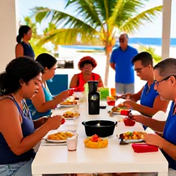 Caribbean Holidays, Puerto Rico Cooking, Visitors enjoying a relaxed Puerto Rican cooking class and shared meal in warm March sunshine