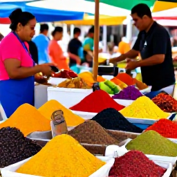 Caribbean Holidays, Puerto Rico Cooking, Visitors shopping for colourful tropical produce and spices at a lively Puerto Rican market