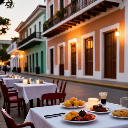 Caribbean Holidays, Puerto Rico Cooking, Warm April evening in Old San Juan with outdoor dining, colourful colonial buildings and plates of Puerto Rican food