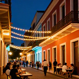 Caribbean Holidays, Puerto Rico Cooking, Warm December evening in Old San Juan with colourful colonial buildings, festive lights and people enjoying local food
