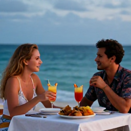 Caribbean Holidays, Puerto Rico Couples, A couple dining outdoors beside the Caribbean Sea in Puerto Rico, with local food, colourful drinks and a relaxed evening atmosphere