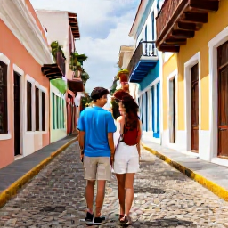 Caribbean Holidays, Puerto Rico Couples, A couple exploring the colourful cobbled streets and historic buildings of Old San Juan in bright daytime