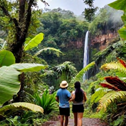 Caribbean Holidays, Puerto Rico Couples, A couple hiking through lush El Yunque rainforest in Puerto Rico, with tropical plants, a waterfall and misty green hills