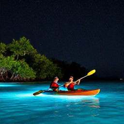 Caribbean Holidays, Puerto Rico Couples, A couple kayaking through the glowing bioluminescent waters of a Puerto Rico bay at night, surrounded by mangroves and stars