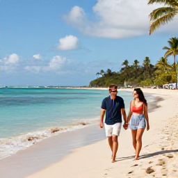 Caribbean Holidays, Puerto Rico Couples, A couple strolling hand in hand along a sunny Puerto Rican beach in February, with calm turquoise water and palm trees