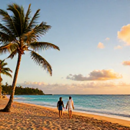 Caribbean Holidays, Puerto Rico Couples, A couple walking along a golden beach in Puerto Rico at sunset, palm trees and calm turquoise sea