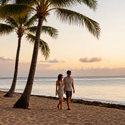 Caribbean Holidays, Puerto Rico Couples, A couple walking along a palm-fringed beach in Puerto Rico at sunset, warm July light and calm Caribbean Sea