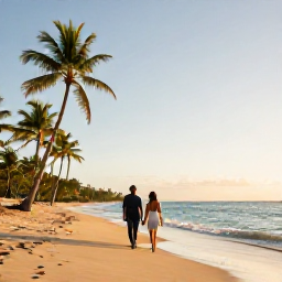 Caribbean Holidays, Puerto Rico Couples, A couple walking hand in hand along a quiet golden beach in Puerto Rico at sunrise, palm trees and calm turquoise sea