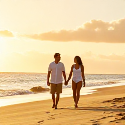 Caribbean Holidays, Puerto Rico Couples, A couple walking hand in hand along a quiet golden beach in Puerto Rico at sunset, warm Caribbean light, relaxed holiday atmosphere