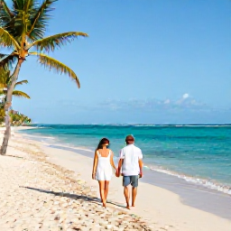 Caribbean Holidays, Puerto Rico Couples, A couple walking hand in hand along a sunny Puerto Rican beach in April, turquoise sea and palm trees