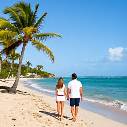 Caribbean Holidays, Puerto Rico Couples, A couple walking hand in hand along a sunny Puerto Rican beach in March, turquoise sea and palm trees