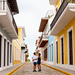Caribbean Holidays, Puerto Rico Couples, Colourful cobbled street in Old San Juan with colonial buildings, balconies and a couple exploring together