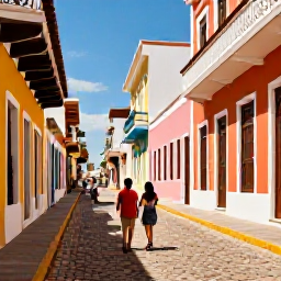 Caribbean Holidays, Puerto Rico Couples, Colourful colonial buildings and cobbled streets in Old San Juan, Puerto Rico, with a couple exploring in warm April sunshine