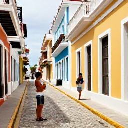 Caribbean Holidays, Puerto Rico Couples, Colourful colonial buildings and cobbled streets in Old San Juan, Puerto Rico, with a couple exploring