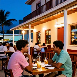 Caribbean Holidays, Puerto Rico Couples, Couple dining outdoors at a lively Puerto Rican restaurant in San Juan at dusk