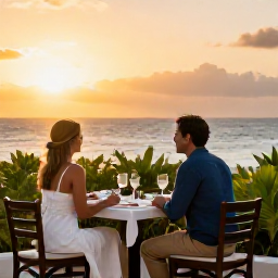 Caribbean Holidays, Puerto Rico Couples, Couple enjoying a relaxed sunset dinner on a Puerto Rican terrace, warm golden light, tropical plants and ocean view