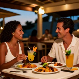 Caribbean Holidays, Puerto Rico Couples, Couple enjoying dinner at an outdoor restaurant in Puerto Rico, with local dishes, tropical drinks and a warm evening atmosphere