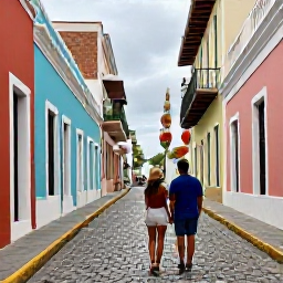 Caribbean Holidays, Puerto Rico Couples, Couple exploring the colourful historic streets of Old San Juan, Puerto Rico, with pastel buildings and cobbled lanes