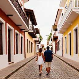 Caribbean Holidays, Puerto Rico Couples, Couple exploring the colourful streets of Old San Juan, Puerto Rico, with colonial buildings, balconies and cobbled lanes in warm daylight