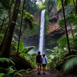 Caribbean Holidays, Puerto Rico Couples, Couple hiking through El Yunque National Forest in Puerto Rico, lush green rainforest and a waterfall
