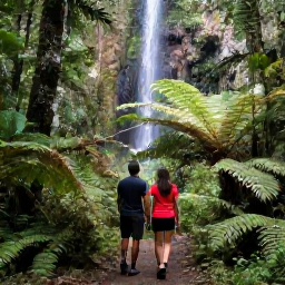 Caribbean Holidays, Puerto Rico Couples, Couple hiking through El Yunque National Forest in Puerto Rico, surrounded by lush rainforest, ferns and a small waterfall