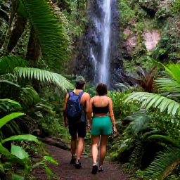 Caribbean Holidays, Puerto Rico Couples, Couple hiking through El Yunque National Forest in Puerto Rico, surrounded by lush rainforest, tropical plants and a small waterfall
