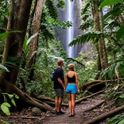 Caribbean Holidays, Puerto Rico Couples, Couple hiking through lush El Yunque National Forest in Puerto Rico, tropical foliage, waterfall and soft natural light