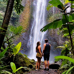 Caribbean Holidays, Puerto Rico Couples, Couple hiking through lush El Yunque rainforest in Puerto Rico beside a waterfall and tropical plants