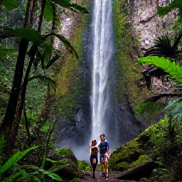Caribbean Holidays, Puerto Rico Couples, Couple hiking through lush El Yunque rainforest in Puerto Rico, waterfall, tropical plants and soft daylight
