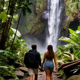 Caribbean Holidays, Puerto Rico Couples, Couple hiking through lush El Yunque rainforest in Puerto Rico with a waterfall and tropical foliage
