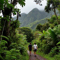 Caribbean Holidays, Puerto Rico Couples, Couple hiking through lush rainforest in El Yunque National Forest, Puerto Rico, with misty green mountains