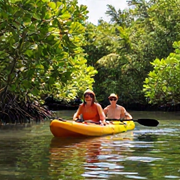 Caribbean Holidays, Puerto Rico Couples, Couple kayaking through a green mangrove lagoon in Puerto Rico, sunlight filtering through tropical foliage and calm water