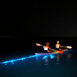 Caribbean Holidays, Puerto Rico Couples, Couple kayaking through the bioluminescent waters of Puerto Rico at night, glowing blue trails beneath the paddles