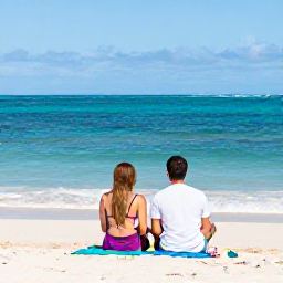 Caribbean Holidays, Puerto Rico Couples, Couple relaxing on a beautiful Puerto Rican beach with white sand, clear blue sea and gentle February sunshine