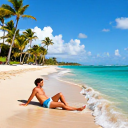 Caribbean Holidays, Puerto Rico Couples, Couple relaxing on a palm-fringed Puerto Rico beach beside clear turquoise water, soft sand and gentle waves