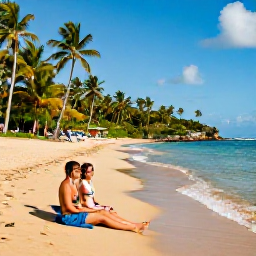 Caribbean Holidays, Puerto Rico Couples, Couple relaxing on a quiet golden beach in Puerto Rico, with clear water, green palms and gentle April sunshine