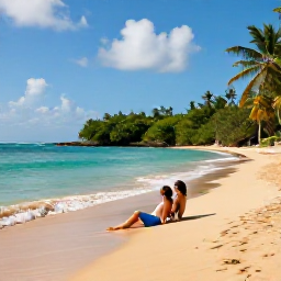 Caribbean Holidays, Puerto Rico Couples, Couple relaxing on a quiet Puerto Rico beach with turquoise water, soft sand and tropical greenery