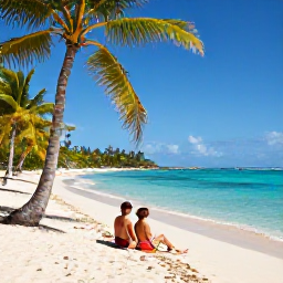 Caribbean Holidays, Puerto Rico Couples, Couple relaxing on a secluded Puerto Rico beach beside clear turquoise water, shaded by palm trees and surrounded by natural beauty
