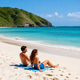 Caribbean Holidays, Puerto Rico Couples, Couple relaxing on Flamenco Beach in Puerto Rico, white sand, clear blue water and green hills in the background